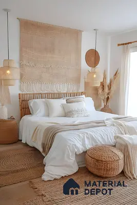 Bohemian Neutral Bedroom Decor With Rattan Accents And Woven Textures | Material Depot