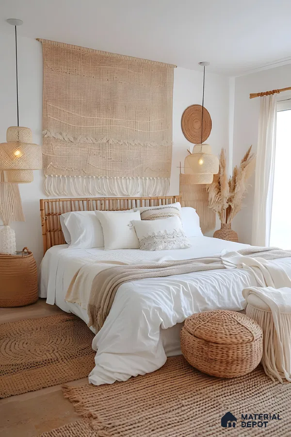 Bohemian Neutral Bedroom Decor With Rattan Accents And Woven Textures | Material Depot