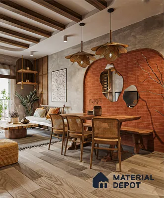 Bohemian Open-Plan Living Space with Rattan Furniture and Brick Wall | Material Depot