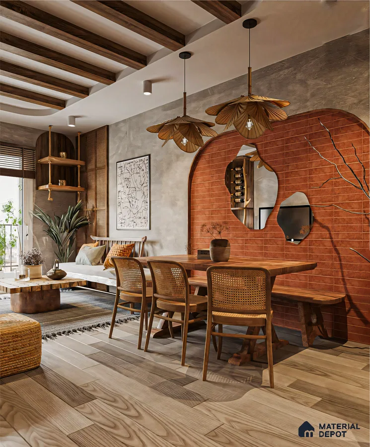 Bohemian Open-Plan Living Space with Rattan Furniture and Brick Wall | Material Depot