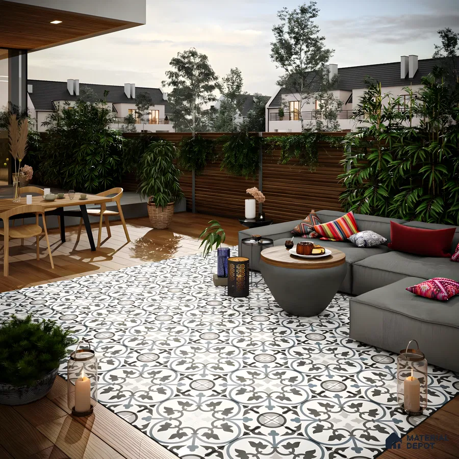 Bohemian Outdoor Living Space with Patterned Tiles | Material Depot