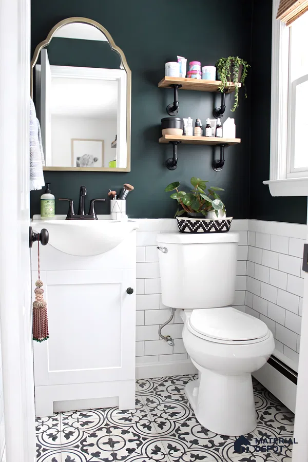 Bohemian Powder Room with Green Accent Wall | Material Depot