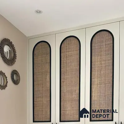 Bohemian wardrobe with cane webbing panels and ivory laminate shutters | Material Depot