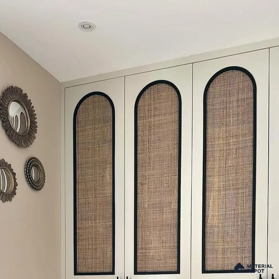Bohemian wardrobe with cane webbing panels and ivory laminate shutters | Material Depot