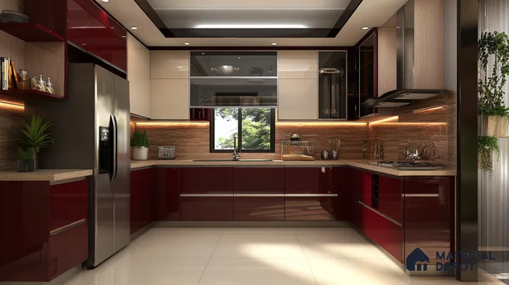 Bold and Dramatic Kitchen Aesthetics with Red Cabinets and Luxurious Wood Accents | Material Depot