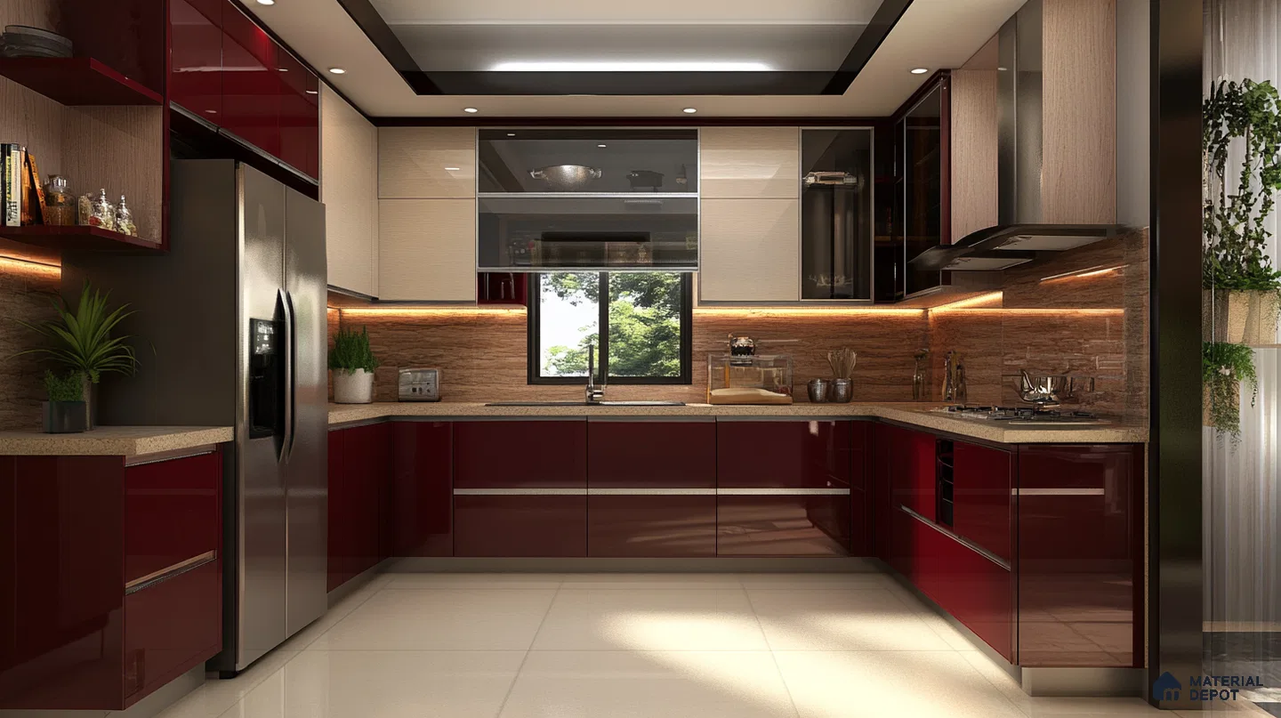 Bold and Dramatic Kitchen Aesthetics with Red Cabinets and Luxurious Wood Accents | Material Depot