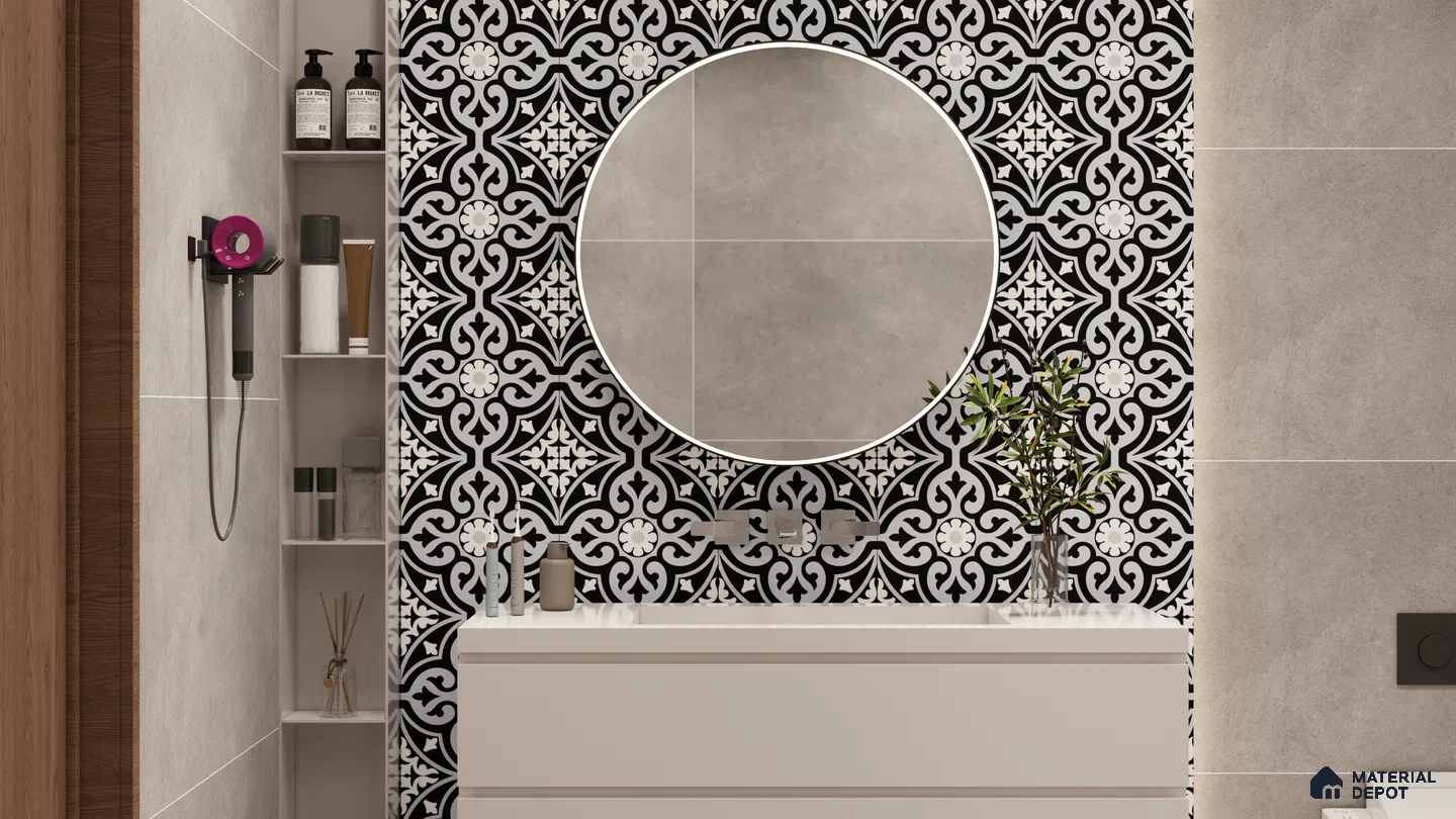 Bold and Elegant Bathroom with Black and White Moroccan Tiles | Material Depot