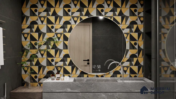 Bold and Modern Bathroom with Gold Geometric Tiles | Material Depot