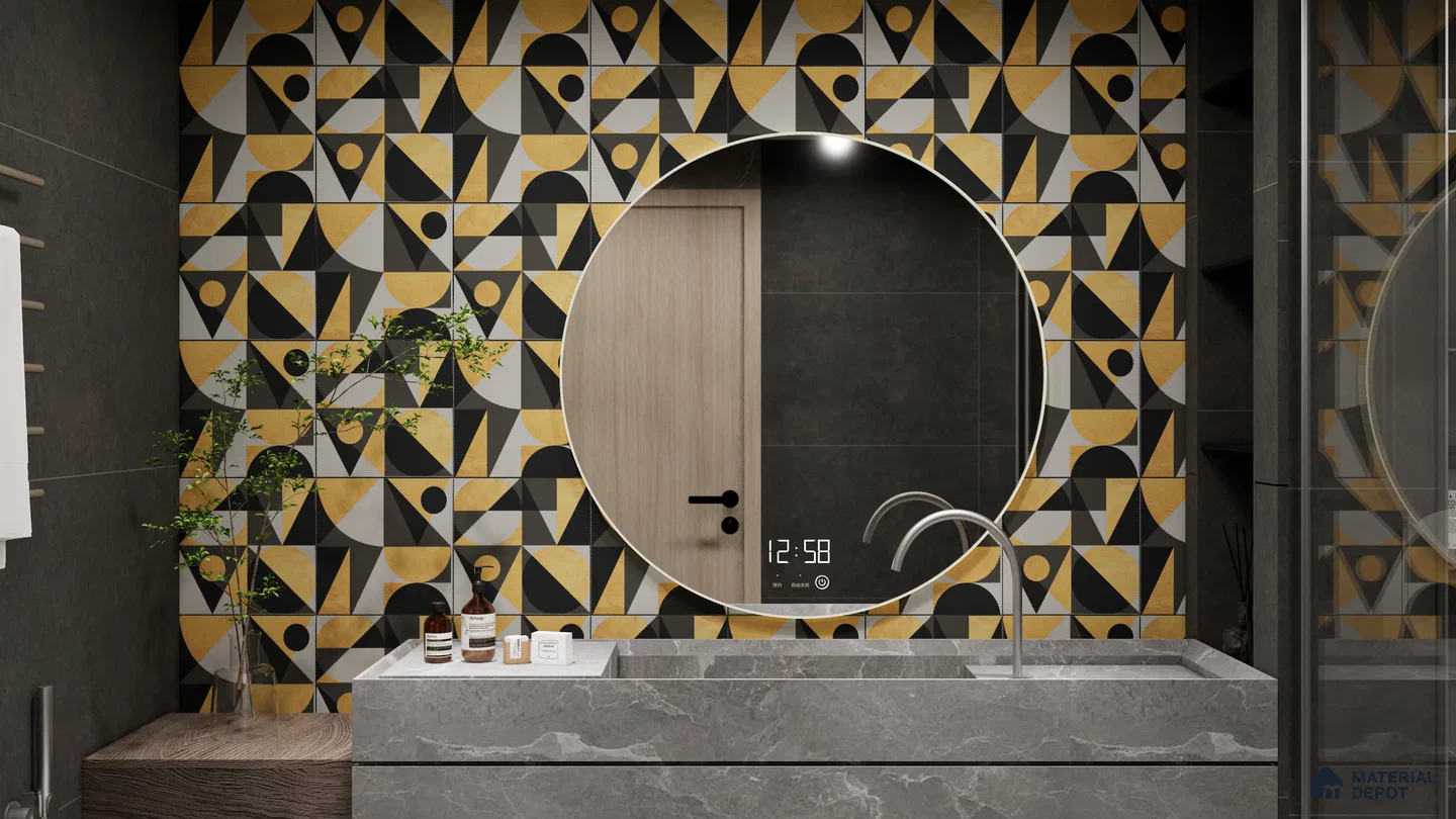 Bold and Modern Bathroom with Gold Geometric Tiles | Material Depot