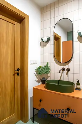 Bold and Modern Bathroom with Green Basin and Orange Vanity | Material Depot