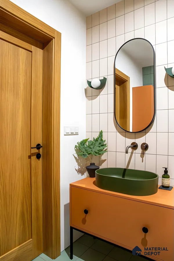 Bold and Modern Bathroom with Green Basin and Orange Vanity | Material Depot