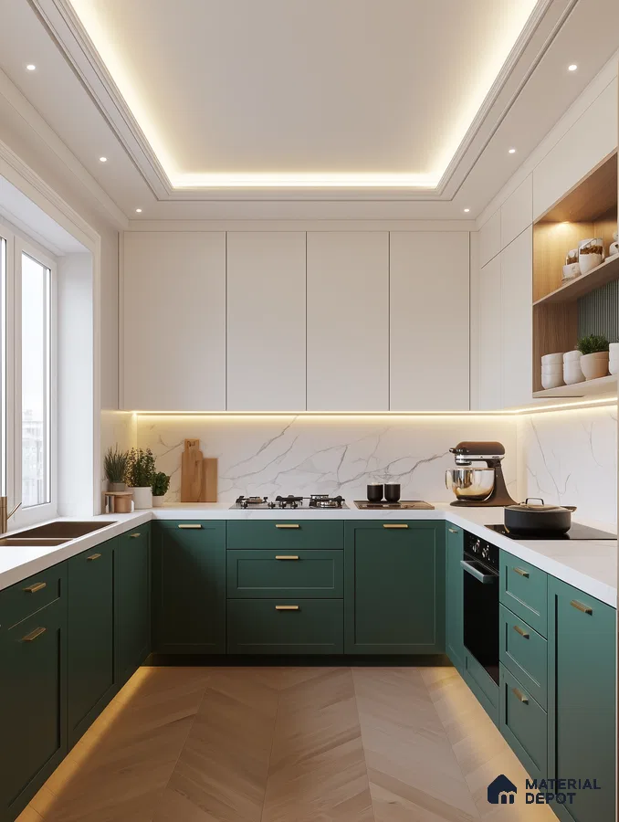 Bold and Stylish Kitchen with Deep Green Cabinets and Light Wood Flooring | Material Depot