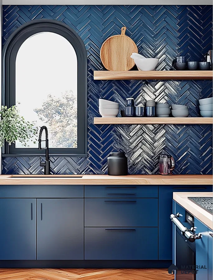 Elegant Fluted Wooden Kitchen with Marble Backsplash and Minimalist Modern Design | Material Depot