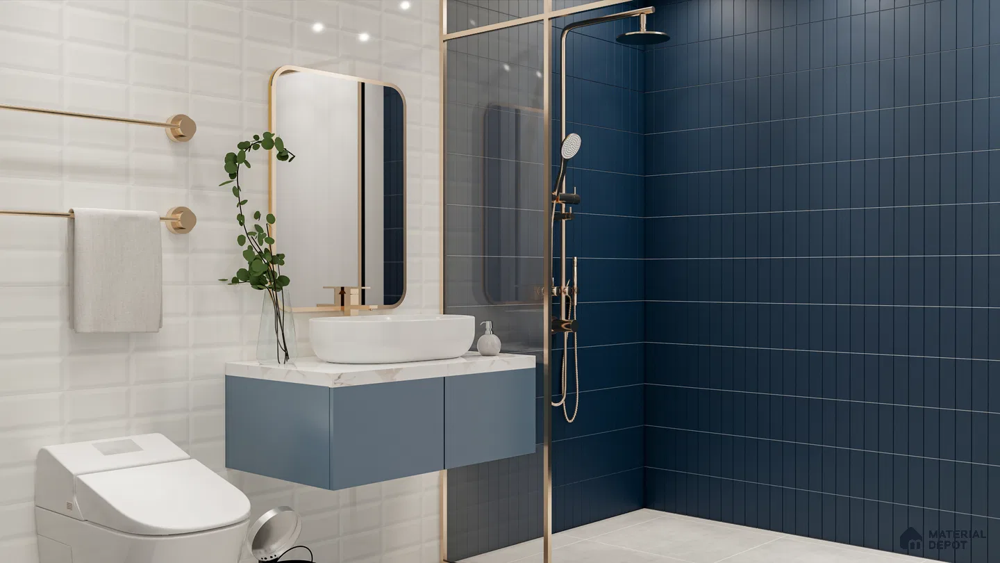 Bold Blue Kitkat Tiles in a Minimalist Bathroom | Material Depot