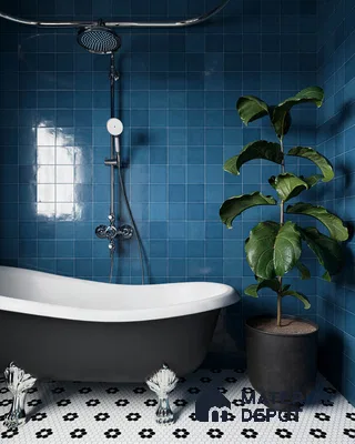 Bold Blue Tiled Bathroom with Black and White Patterned Floor and Freestanding Tub | Material Depot