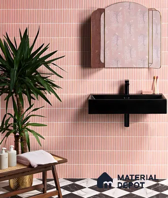 Bold Contrast Bathroom with Pink Vertical Tiles and Black Fixtures | Material Depot
