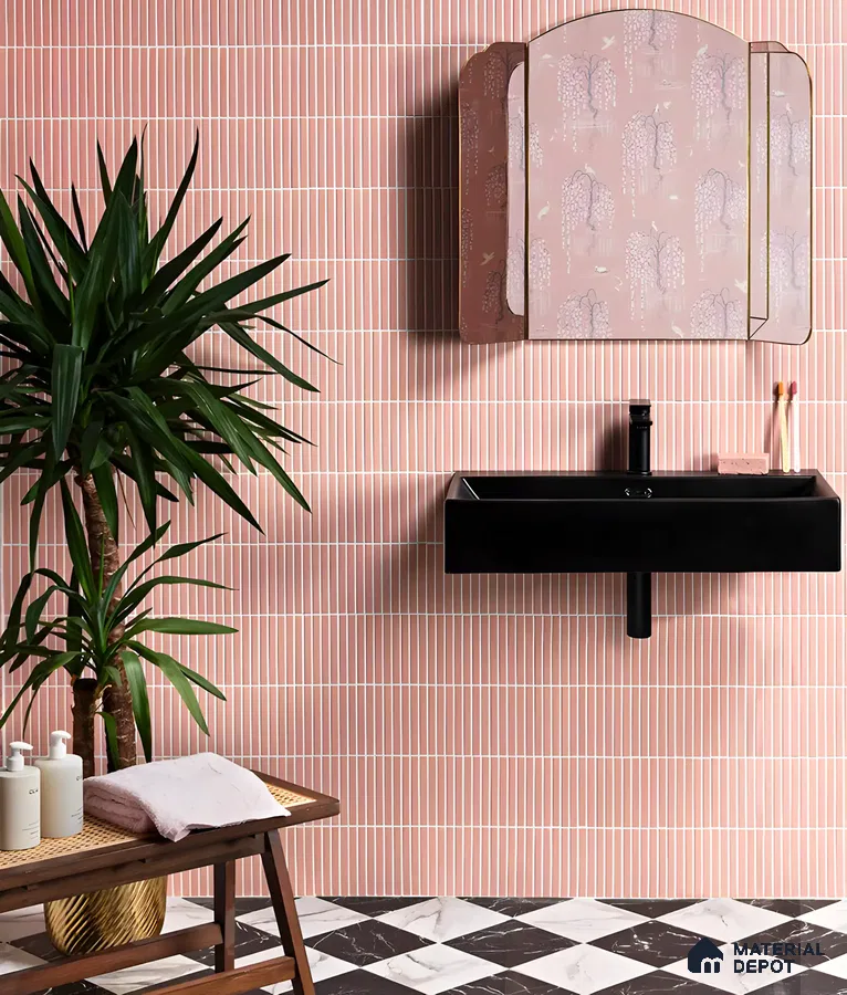 Bold Contrast Bathroom with Pink Vertical Tiles and Black Fixtures | Material Depot