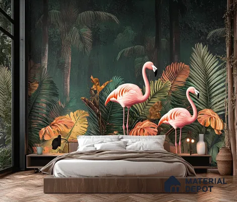 Bold Flamingo Tropical Mural in Modern Bedroom | Material Depot