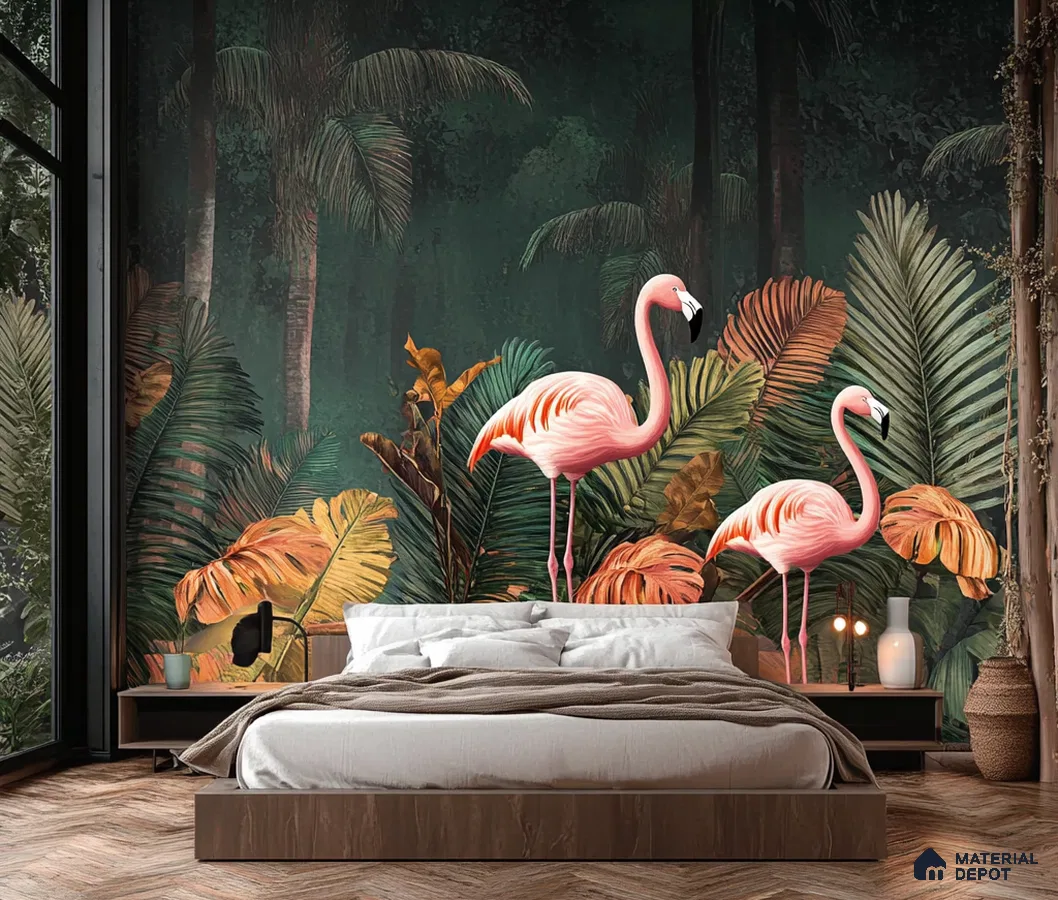 Bold Flamingo Tropical Mural in Modern Bedroom | Material Depot