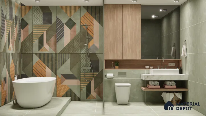 Bold Geometric Highlighter Tiles in a Modern Green Bathroom | Material Depot