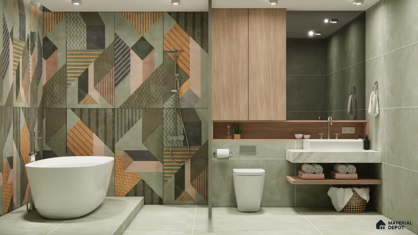 Bold Geometric Highlighter Tiles in a Modern Green Bathroom | Material Depot