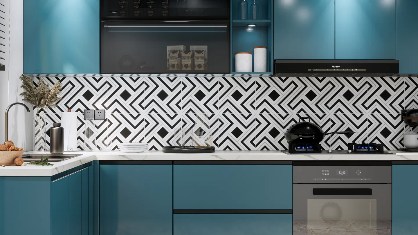 Modern kitchen with teal blue laminate cabinets and black-and-white ...