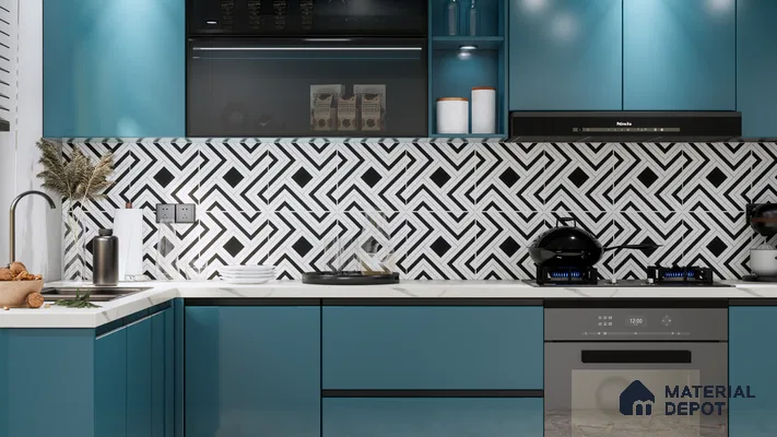 Bold Geometric Kitchen Backsplash with Vibrant Blue Cabinets | Material Depot