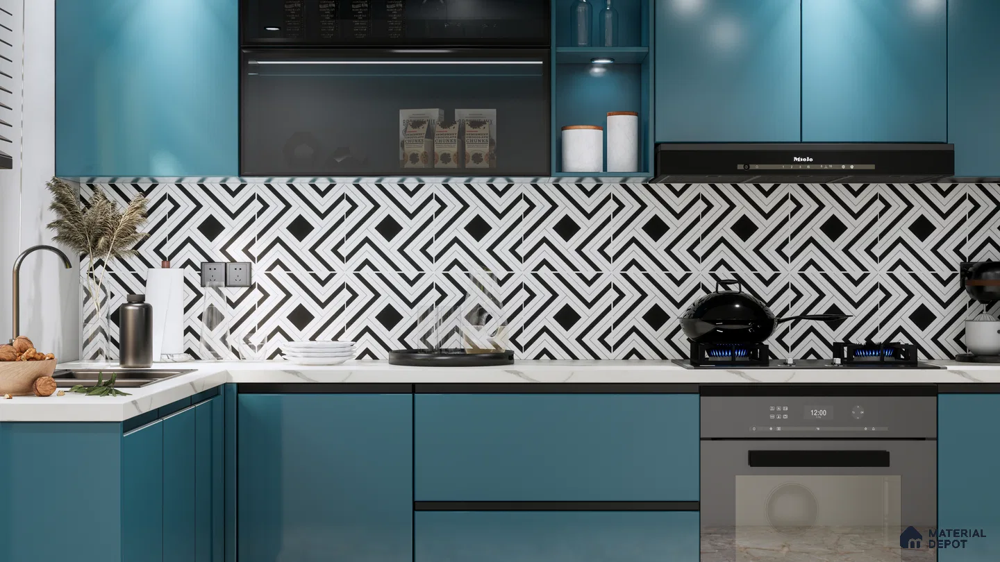 Bold Geometric Kitchen Backsplash with Vibrant Blue Cabinets | Material Depot