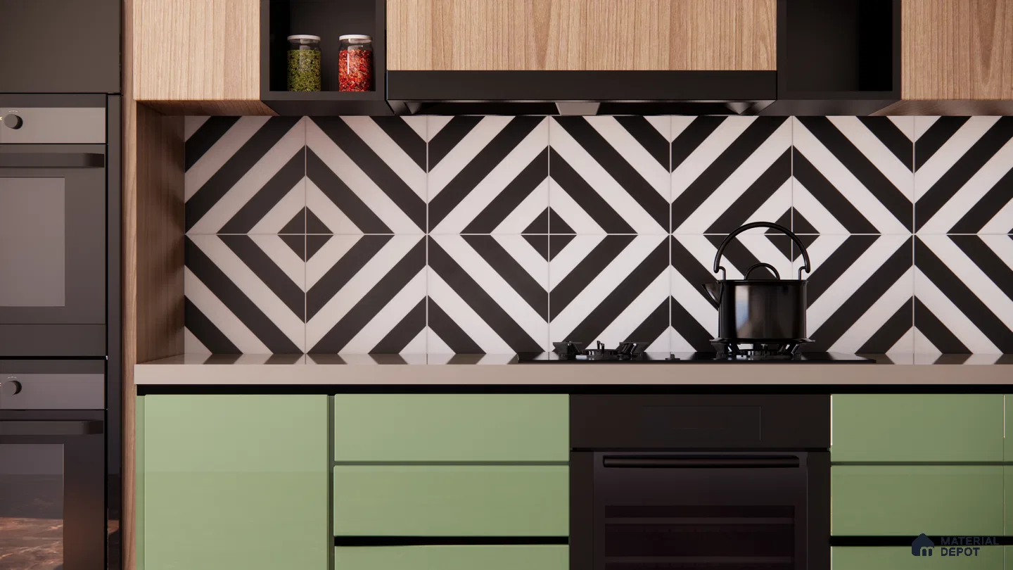 Bold Geometric Kitchen with Black and White Patterned Tiles | Material Depot