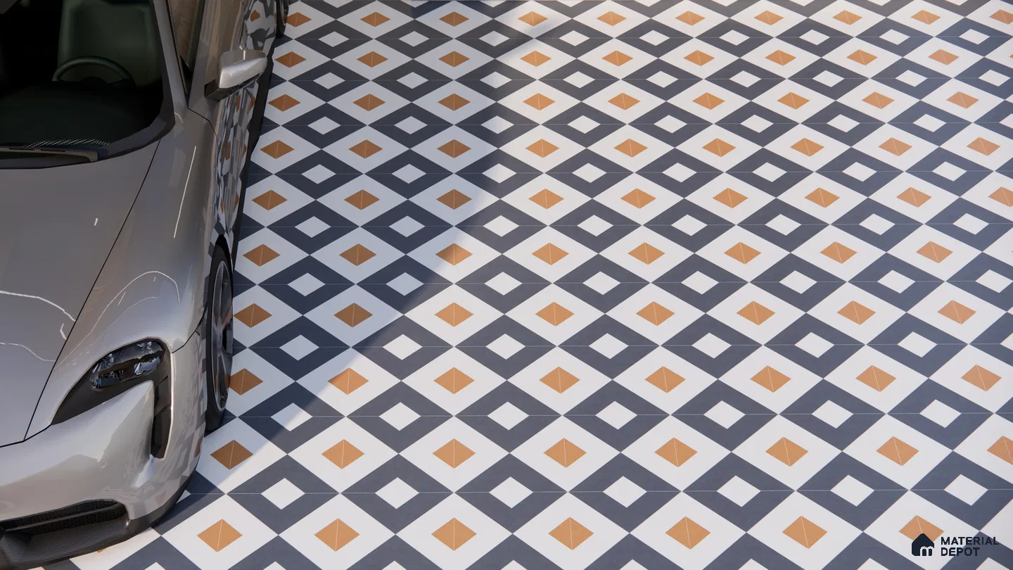Bold Geometric Parking Tiles in Black, White & Terracotta Accents | Material Depot