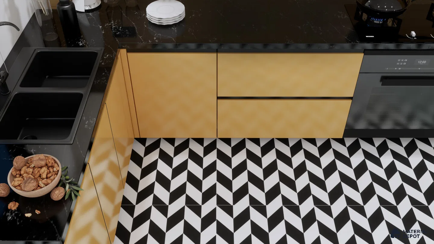 Bold Kitchen Design with Black and White Chevron Patterned Tiles | Material Depot