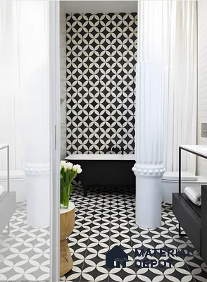 Bold Monochrome Bathroom with Geometric Patterns and Statement Columns | Material Depot