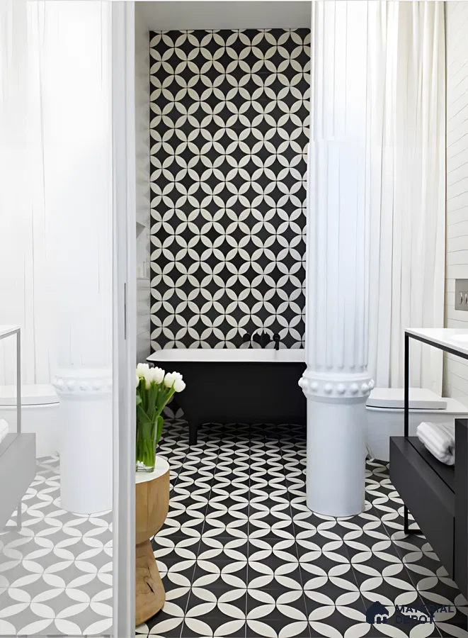 Bold Monochrome Bathroom with Geometric Patterns and Statement Columns | Material Depot