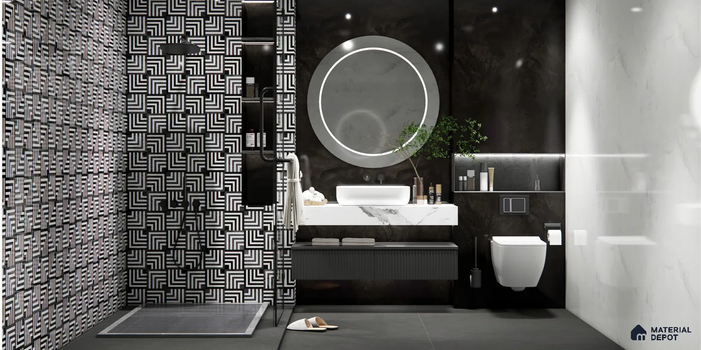 Bold Monochrome Bathroom with Geometric Tiles and Sleek Black Accents | Material Depot