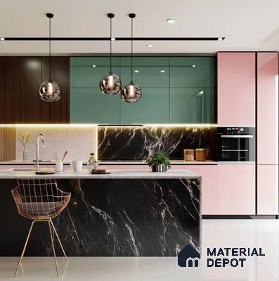 Luxury Walk-In Closet with Blue Gloss Laminate and Display ShelvesBold Pink and Green Glossy Solid Laminate Kitchen with Black Marble Island | Material Depot