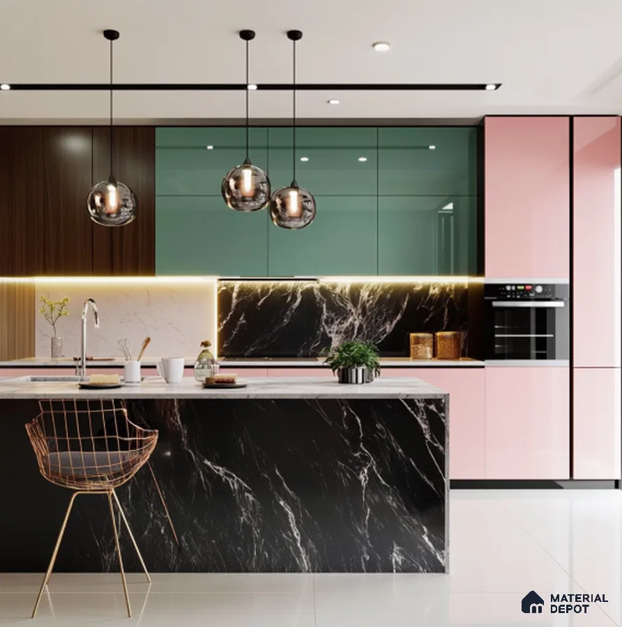 Luxury Walk-In Closet with Blue Gloss Laminate and Display ShelvesBold Pink and Green Glossy Solid Laminate Kitchen with Black Marble Island | Material Depot