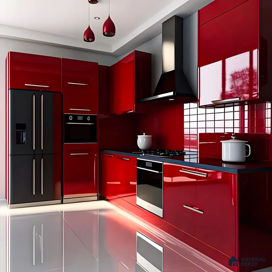 Bold Red Kitchen with Glossy Finish | Material Depot