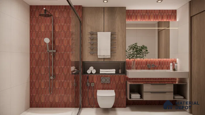 Bold Red Patterned Tiles for a Contemporary Bathroom | Material Depot