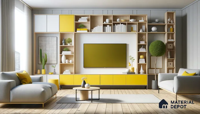 Bold Yellow Storage Solutions Stand Out in Modern Wood-Clad Room | Material Depot