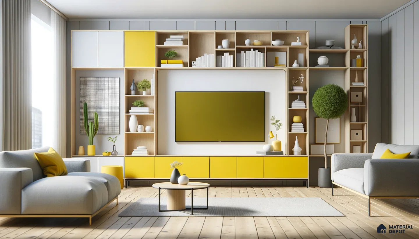 Bold Yellow Storage Solutions Stand Out in Modern Wood-Clad Room | Material Depot