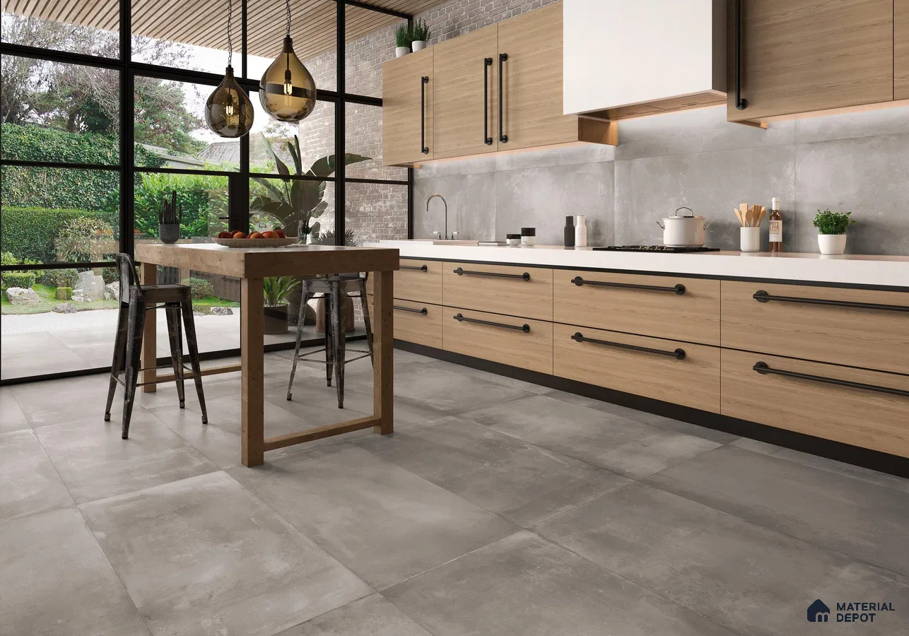 Wooden laminate cabinet with grey marble tile