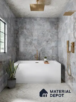 Bathroom with granite-style wall and patterned floor