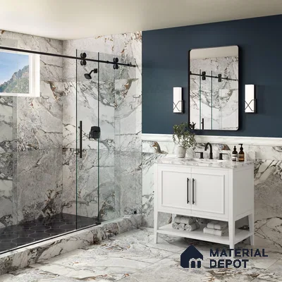 Bathroom with marble tiles and white cabinet