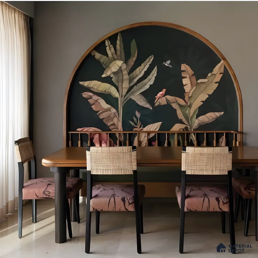 Botanical Arch Mural Dining Nook With Rustic Elegance | Material Depot