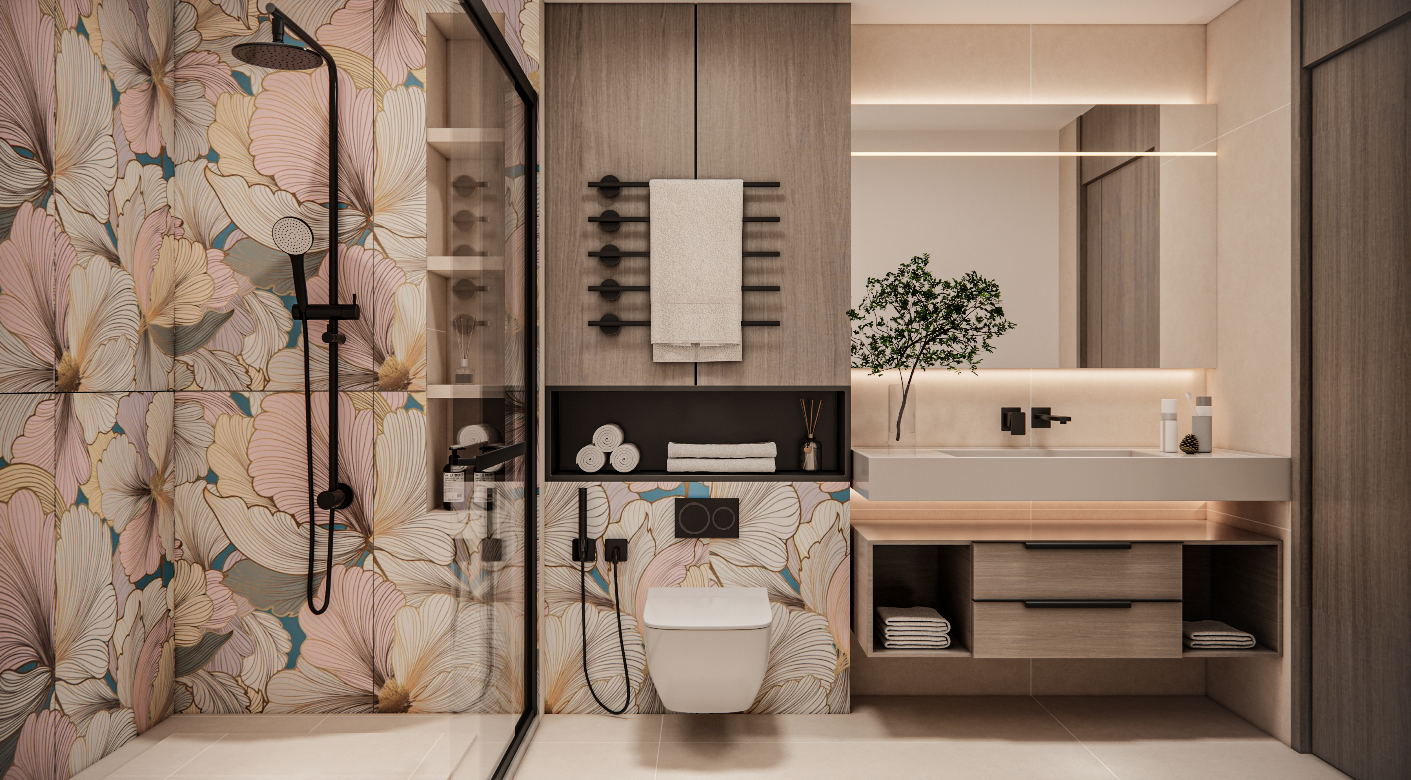 Botanical Bloom Highlighter Tiles in a Cozy Modern Bathroom | Material Depot