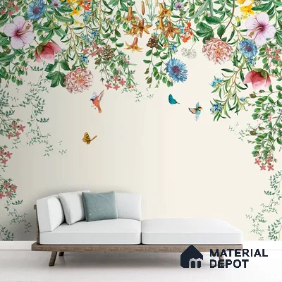 A close-up of a Unique Hanging Floral and Bird Wallpaper for Bedrooms Sparkla N Shine Series Florals Design (Customised Size Wallpaper) with a finish available at Material Depot in Bangalore