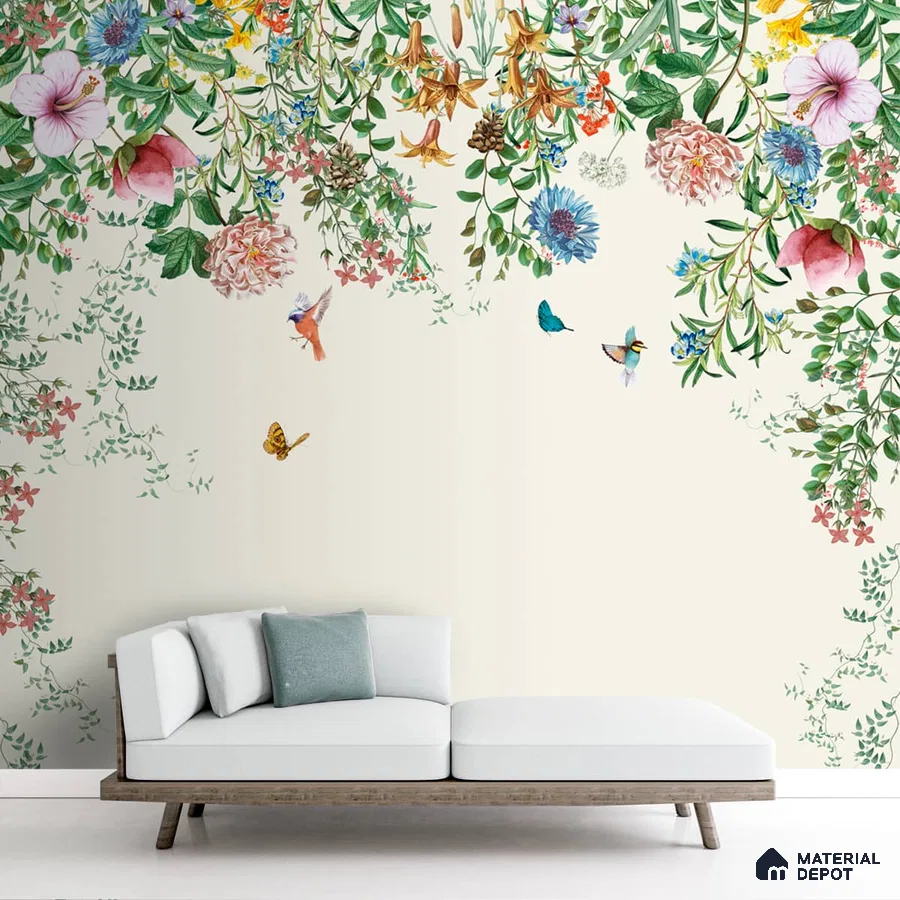 A close-up of a Unique Hanging Floral and Bird Wallpaper for Bedrooms Sparkla N Shine Series Florals Design (Customised Size Wallpaper) with a finish available at Material Depot in Bangalore