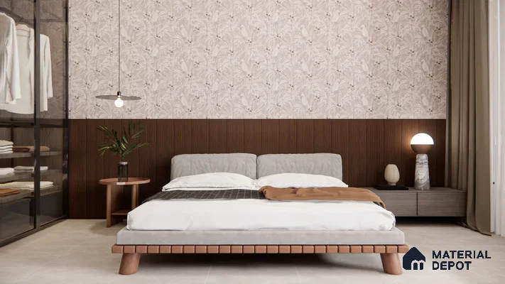 Botanical-Inspired Bedroom with Fluted Panel and Tropical Wallpaper | Material Depot