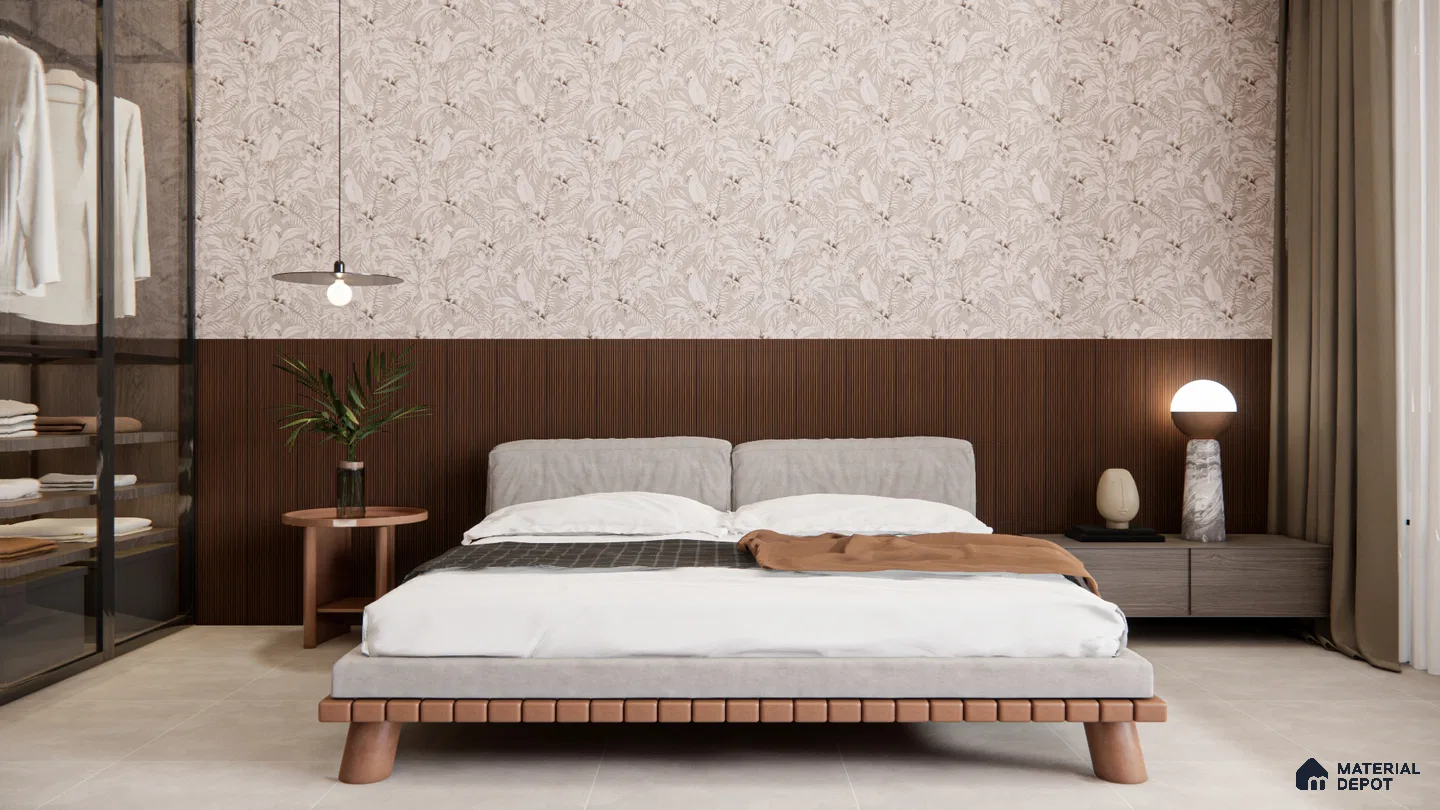 Botanical-Inspired Bedroom with Fluted Panel and Tropical Wallpaper | Material Depot