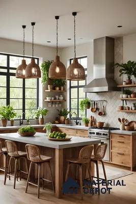 Bright & Airy Bohemian Kitchen Island With Concrete Countertop And Eco-Friendly Decor | Material Depot